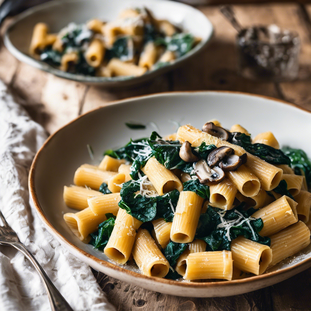 Extra Parmesan Rigatoni with Sautéed Spinach and Mushrooms