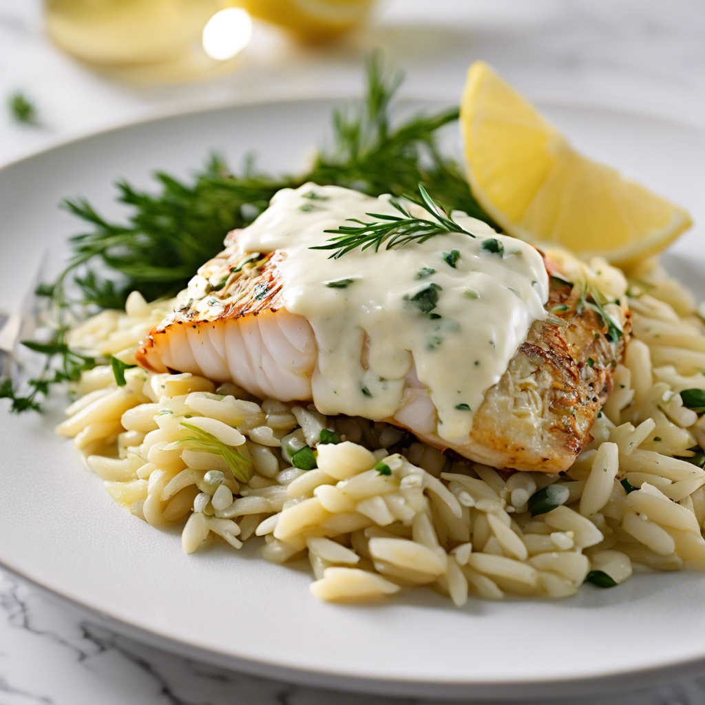 Greek Baked Cod with Feta Orzo and Lemon Dill Sauce